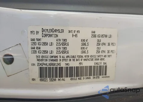 2006 Dodge Grand Caravan Sxt from USA, damaged, VIN 2D4GP44LX6R601245